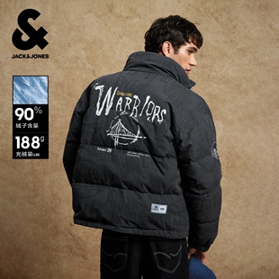 杰克琼斯NBA联名勇士队男装冬季羽绒服满印字母宽松立领款外套