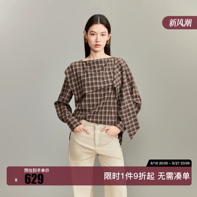 绫致Vero Moda衬衫女26秋季新款不规则搭片复古格纹开衩飘带上衣