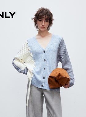 ONLY2025秋季新款宽松落肩V领拼接开衫毛衣针织衫女|12543B012
