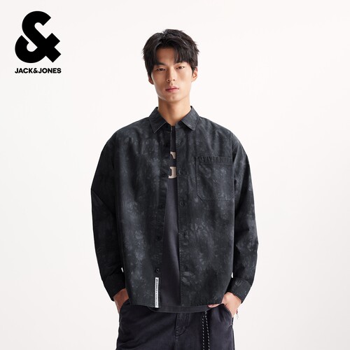 杰克琼斯男装衬衫冬新款时尚潮流渐变扎染贴袋翻领宽松休闲上衣