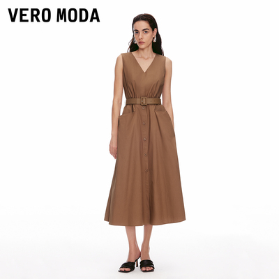 Vero Moda连衣裙2025冬新款V领腰间捏褶同色腰带长裙