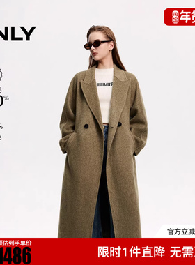 ONLY2025冬新款双面呢100%绵羊毛翻领长款毛呢大衣女|12536U016