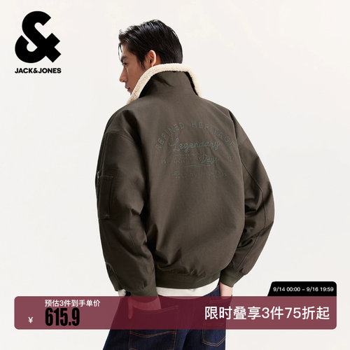 绫致杰克琼斯男装冬新款刺绣休闲宽松仿羊羔绒翻领棉衣棉服外套