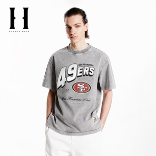 NFL联名款冬短袖男装旧金山49人队做旧水洗T恤