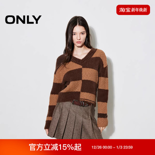 女 针织衫 125313001 潮流撞色宽松显瘦V领长袖 ONLY2025冬新款