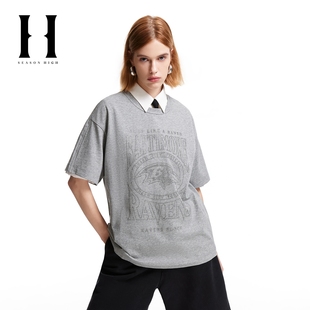 SEASONHIGH x NFL联名摩乌鸦队冬女士圆领T恤刺绣logo短袖女装