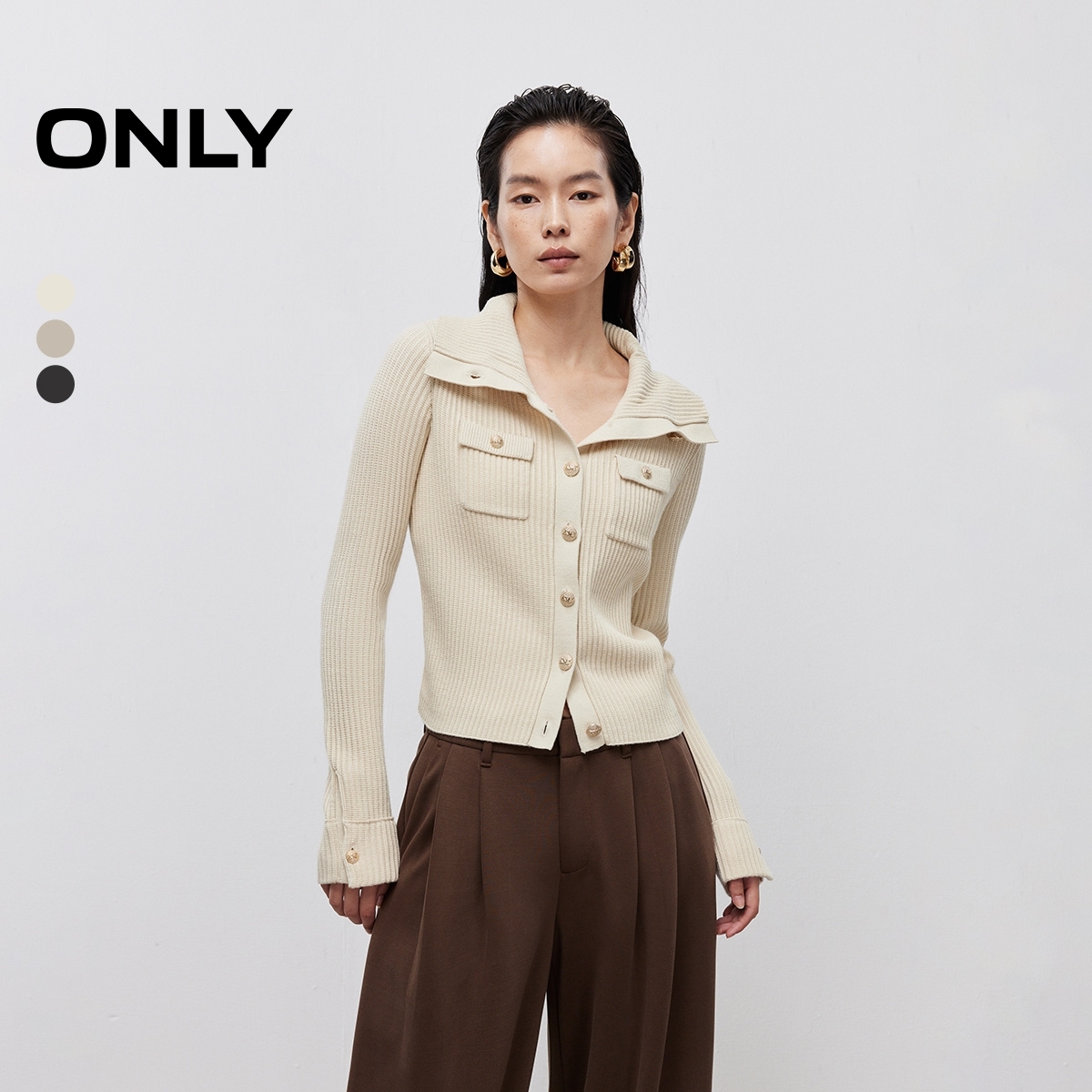 ONLY2025冬新款显瘦纵向坑条纹短款开衫长袖针织衫女|12533B005