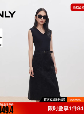 ONLY2025冬新款显瘦V领假两件中长款无袖PU连衣裙女|12537Y001