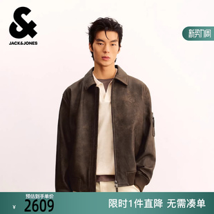 潮流出街百搭字母刺绣翻领宽松真皮夹克外套 新款 杰克琼斯男装 秋季