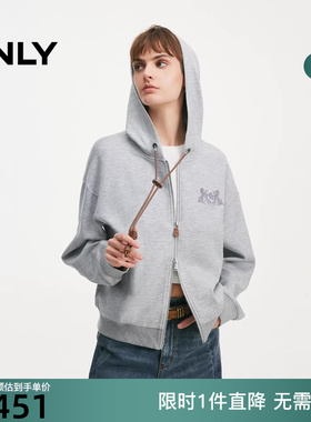 ONLY2026春季新款氛围大兜帽PU帽绳双头拉链宽松卫衣女|12619R001
