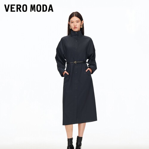 Vero Moda连衣裙新款含棉捏褶腰带开衩收腰中长裙