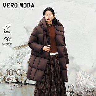Vero Moda羽绒服2025冬季新款90白鸭绒连帽拉链斜门襟设计中长款