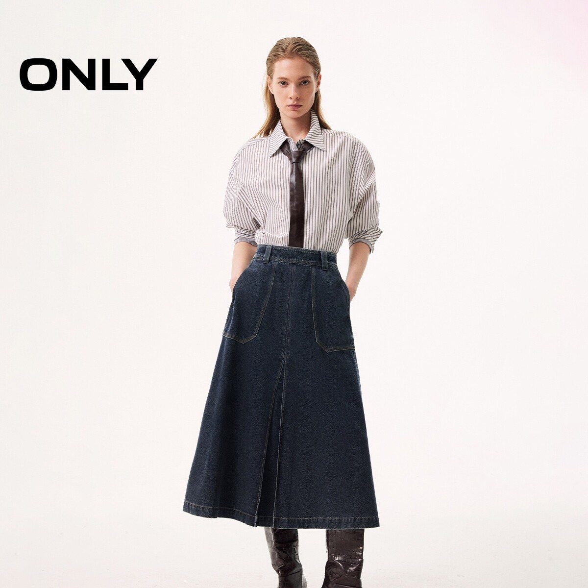 ONLY2025冬季新款裙身开叉设计中长裙牛仔裙半身裙女|125437014
