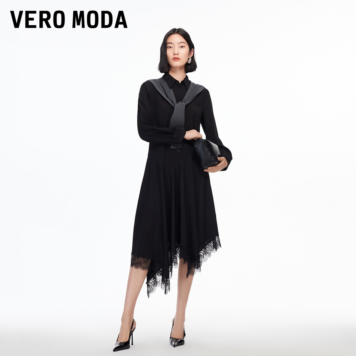 Vero Moda连衣裙2026春季新款毛织披肩蕾丝花边H型连衣裙