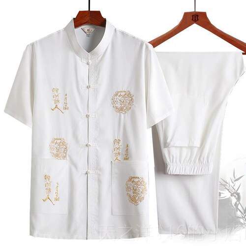 正品汉中年人夏季套老装唐装男短衣袖衬衫刺绣爸爸大尺码晨练服爷