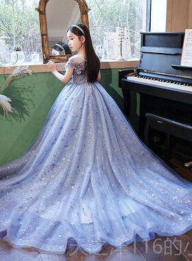 正品蓝色主持裙儿童服礼服公主高端洋派女童20人25新款生日走秀演