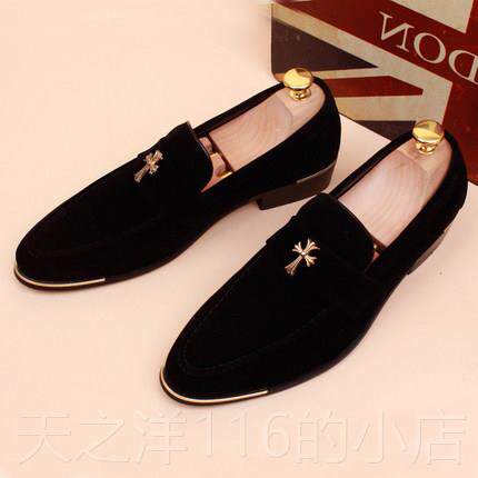 正品春秋款男式韩高版尖头休闲皮鞋英潮流翻毛内增男鞋皮套脚发型