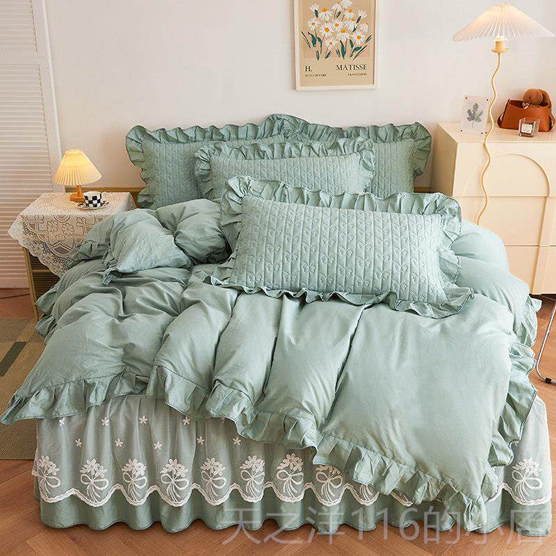 正品欧用式全裙棉夹棉加厚床款套四件套蕾丝床罩式纯棉荷叶边被床