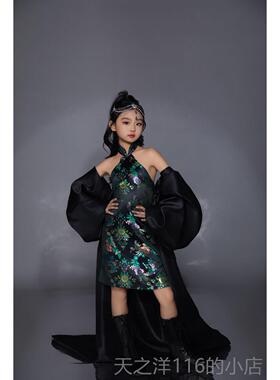 正品国潮女童坎肩旗袍拖尾中风模特秀装T台时装霸气黑色童走礼国