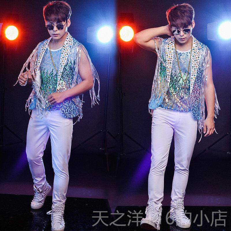 正品潮男歌手夜店吧架子鼓DJ酒演出服个性流苏甲亮片水晶钻马裤套