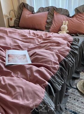 正品色少女心公主风白色红床上四件套套网灰床单水洗棉荷叶花边被