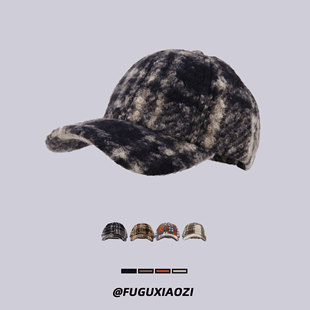 秋冬季防寒保暖毛绒格纹棒球帽男女户外防风加绒半硬顶鸭舌帽子潮