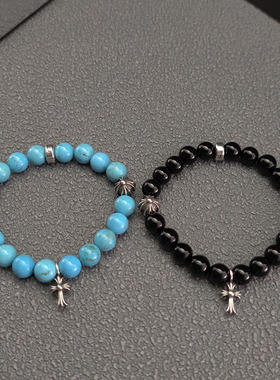 十字架黑曜石925银绿松石