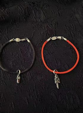 克罗手绳红绳黑绳挂坠手链实心纯银不过敏情侣本命年红绳s925银