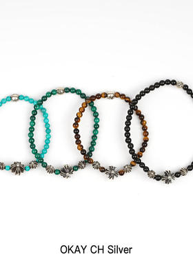 潮流4mm绿松石孔雀石虎眼石黑曜石925纯银珠子手串珠链