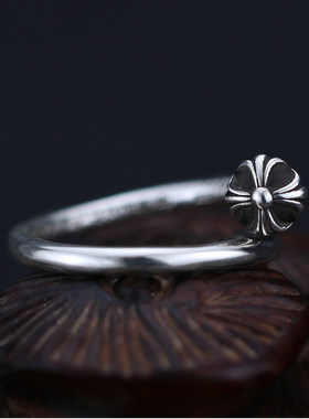 纯银十字花圆头钉子戒指男女复古美式十字架朋克风单人活口可调节