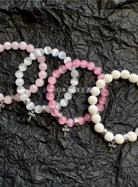 s925纯银天然粉水晶猫眼石十字架转运银珠潮流不掉色男女手链8mm