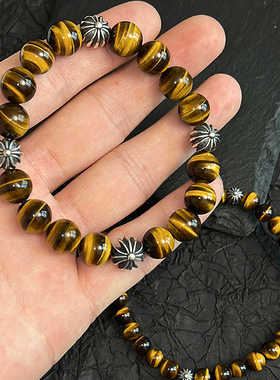 王嘉尔同款虎眼石s925银十字架手串复古做旧男女情侣礼物手串手链