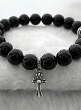 黑曜石925银十字架手链手串