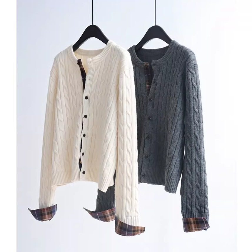 复古学院风格纹拼接麻花针织衫外套冬季软糯加厚毛衣开衫休闲上衣,女装/女士精品,毛针织衫,淘宝优惠券,粉丝福利购,淘宝优惠卷