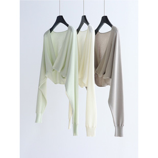 交叠搭扣V领针织衫披肩25春夏蝙蝠袖慵懒空调上衣短款坎肩女高级