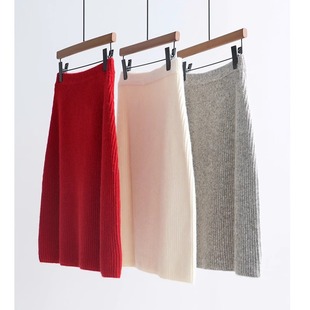 韩单圣诞新年款秋冬曼陀罗绒针织半身裙粗针高腰中长裙显瘦A字裙