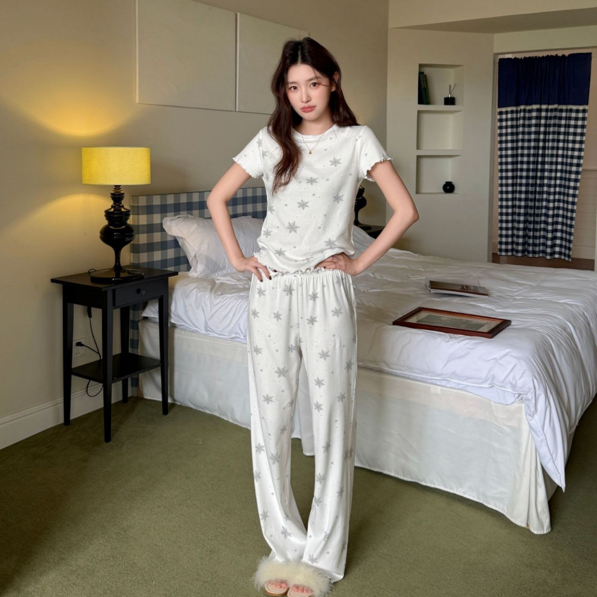 SKIMS睡衣女夏季云朵棉质烫钻甜美雪花短袖长裤圆领裤木耳边套装