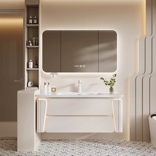 奶油风橡木浴室柜圆角陶瓷一体盆洗手盆柜组合卫生间洗漱台洗脸盆