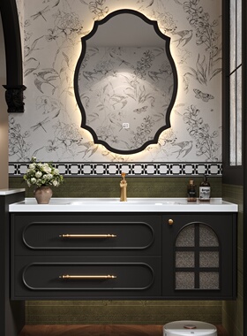 法式复古浴室柜组合卫生间陶瓷一体盆实木黑色洗漱台洗脸池洗手盆