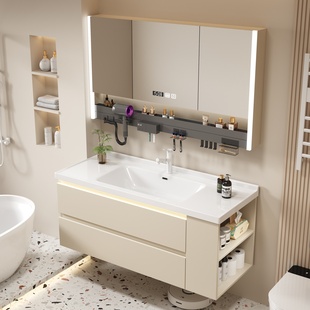 奶油风浴室柜侧边柜陶瓷一体盆卫生间洗手盆洗脸台盆柜组合洗漱台