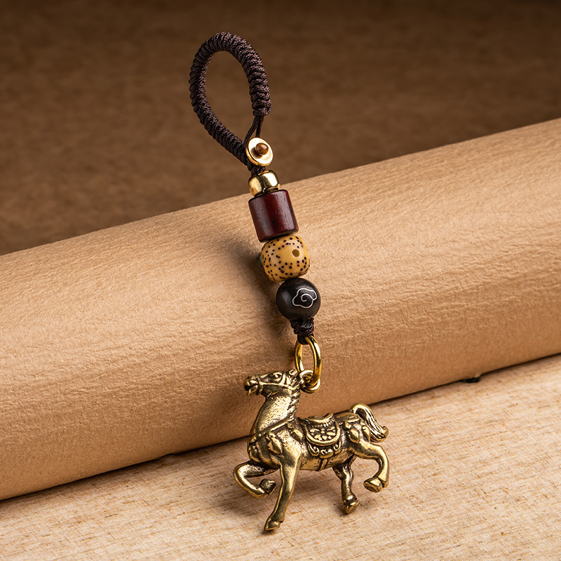 十二生肖马属相黄铜汽车钥匙扣挂件小铜器菩提手工编织挂绳复古风