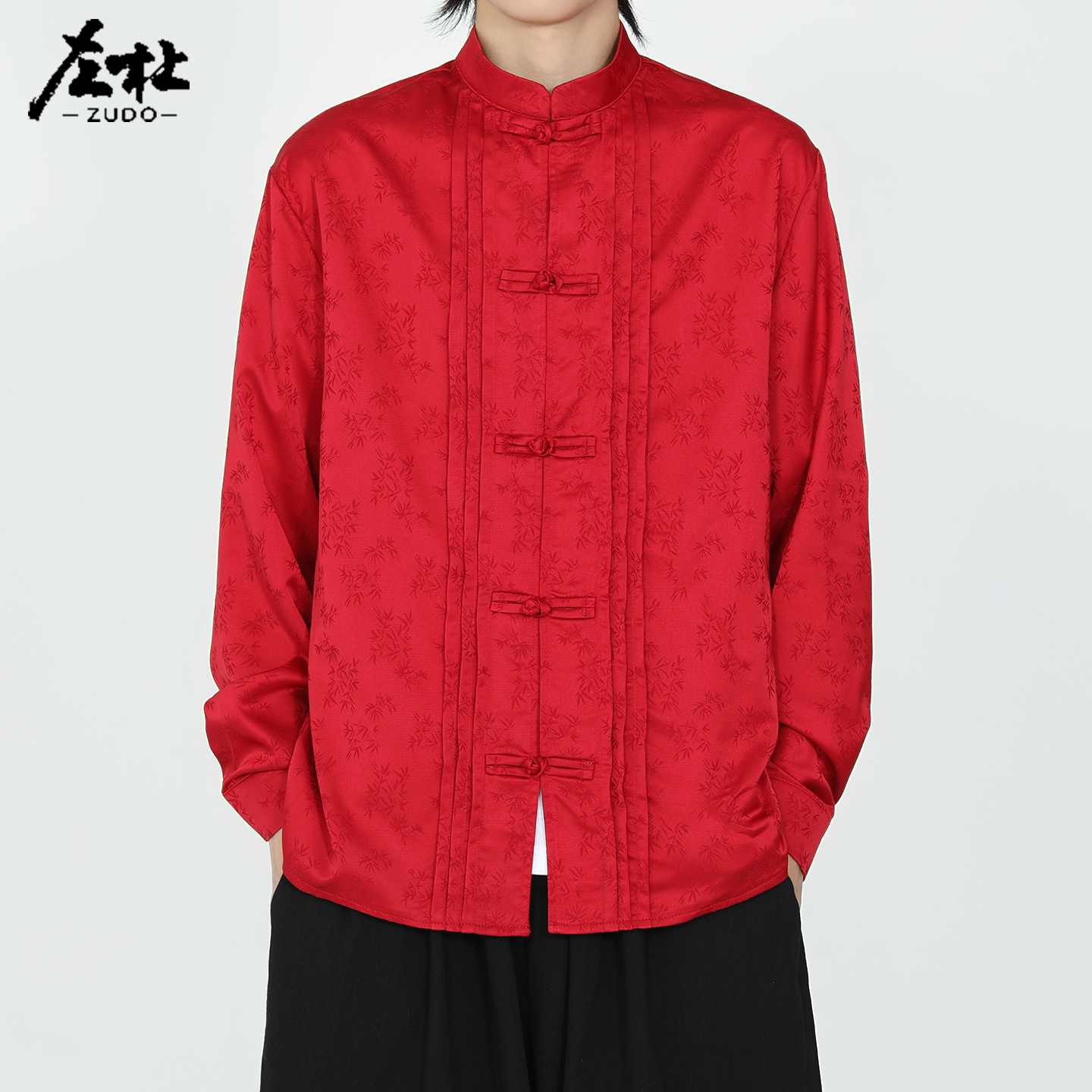 左杜新中式立领盘扣衬衫男国风长袖秋季中国红竹叶唐装新年战衣,男装,唐装,淘宝优惠券,粉丝福利购,淘宝优惠卷