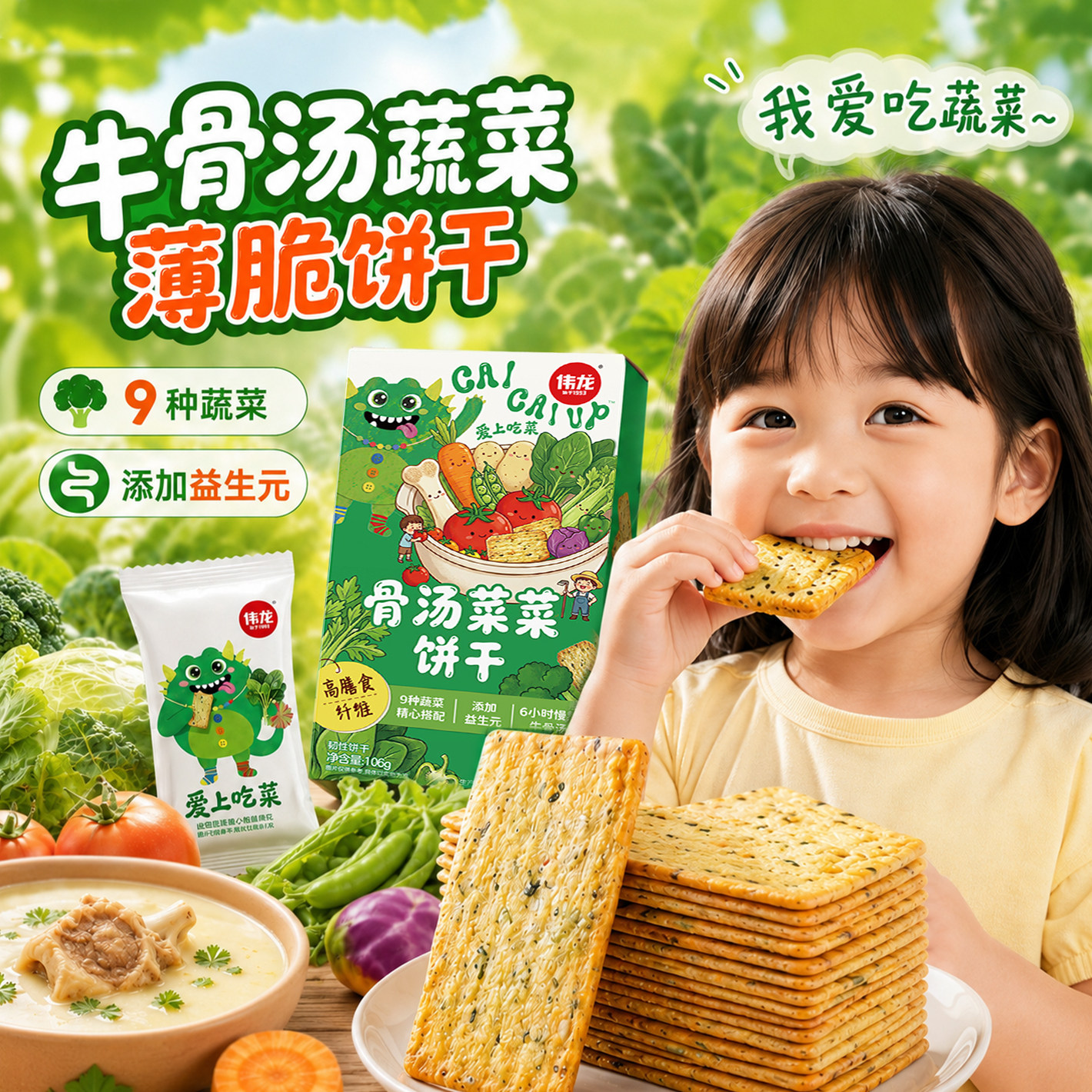 伟龙骨汤菜菜蔬菜饼干解馋儿童营养休闲健康零食九种蔬菜薄脆饼干