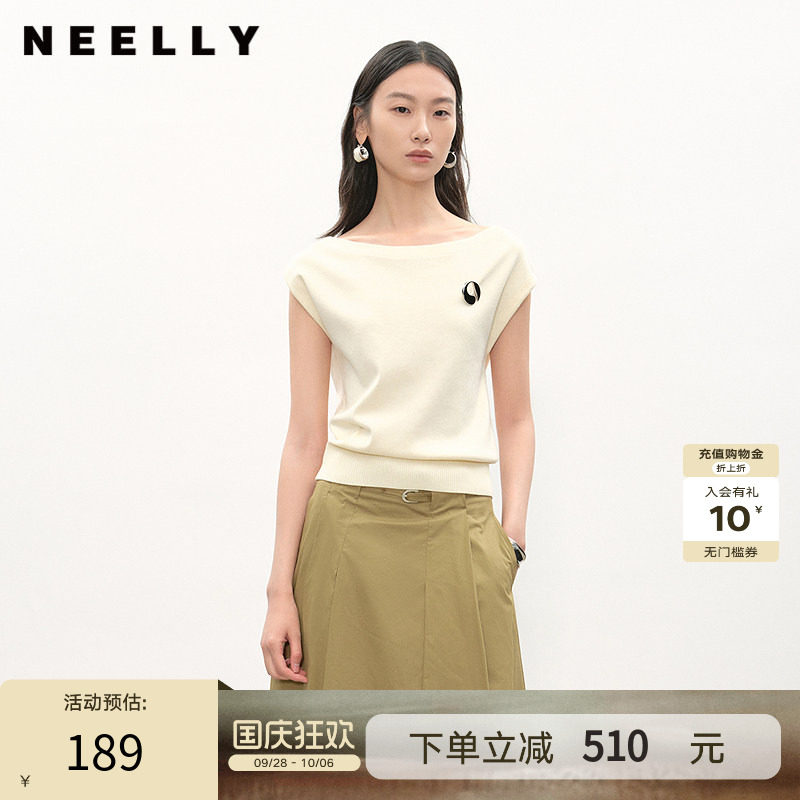 NEELLY纳俪商场同款夏新款设计感一字领针织衫女斜肩两穿显瘦上衣