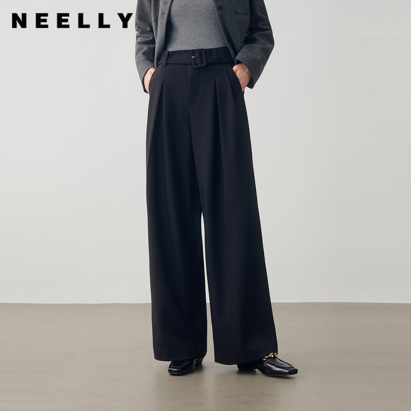 NEELLY纳俪商场同款冬季新款高腰压褶阔腿西裤女宽松休闲垂感长裤