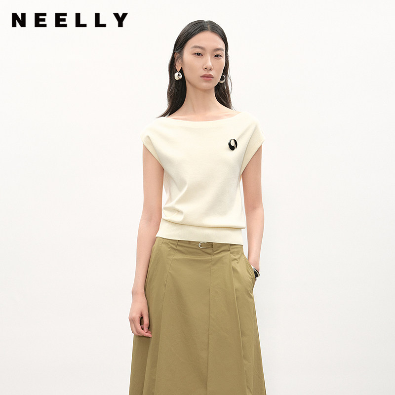 NEELLY纳俪商场同款夏新款设计感一字领针织衫女斜肩两穿显瘦上衣
