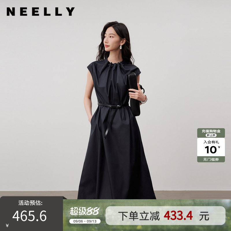 NEELLY纳俪商场同款夏季新款无袖收腰连衣裙女通勤显瘦抽绳款长裙