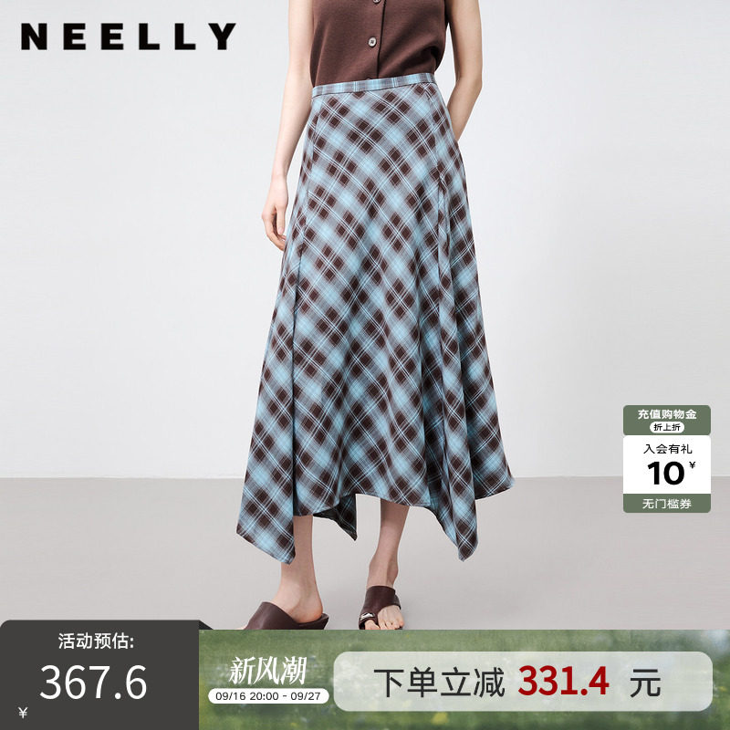 NEELLY纳俪商场同款夏新款蓝棕格纹半身裙女高腰显瘦不规则中长裙