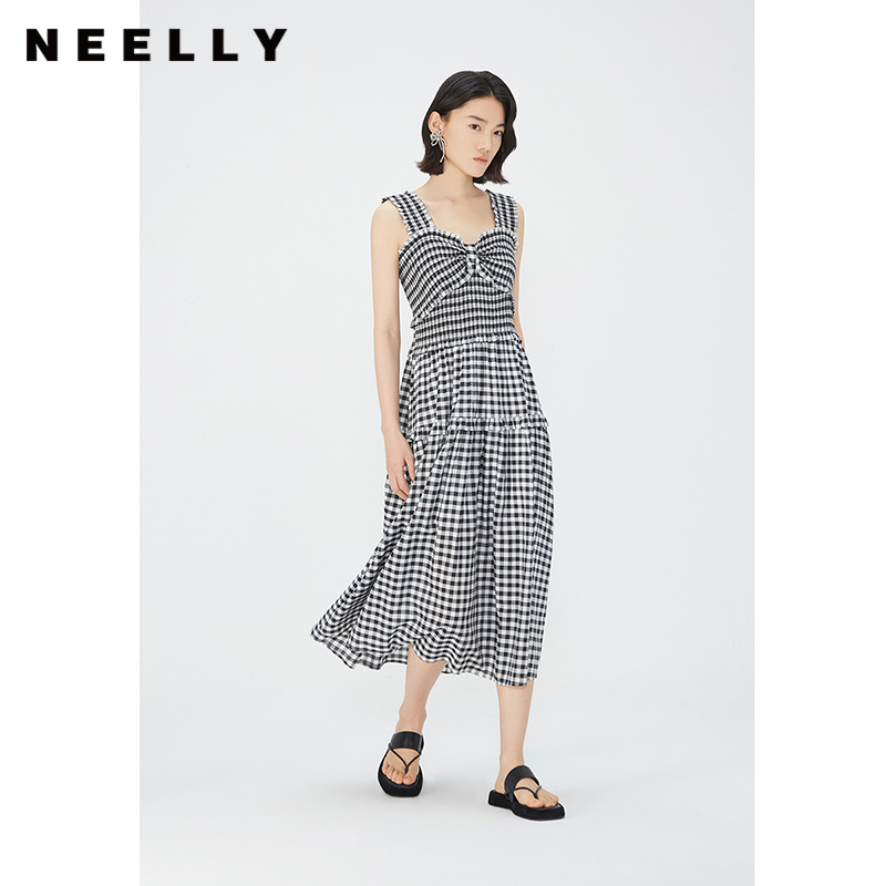 NEELLY纳俪莱赛尔黑白格吊带裙