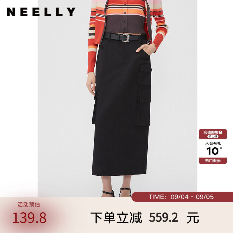NEELLY纳俪商场同款工装多口袋半身裙女春黑色甜酷机能风直筒长裙